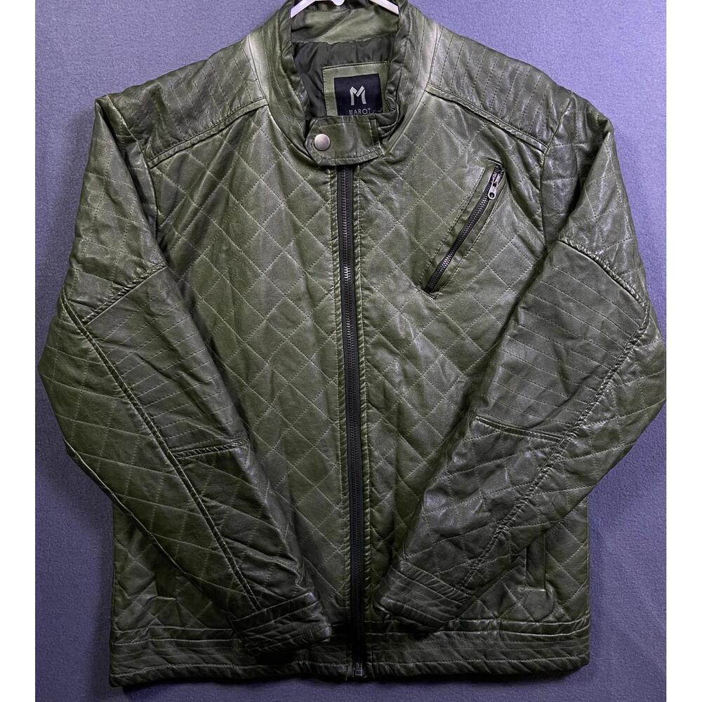 Marqt Mens Motorcyle Moto Faux Leather Poly Jacket Large Style MQL03-A Green Zip